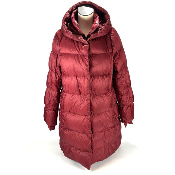 Athleta Down Puffer Coat LARGE Burgundy Hooded Quilted Long Parka Jacket - Picture 1 of 11